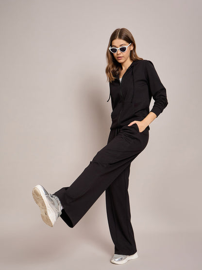 Women Black Terry Side Pockets Track Pants