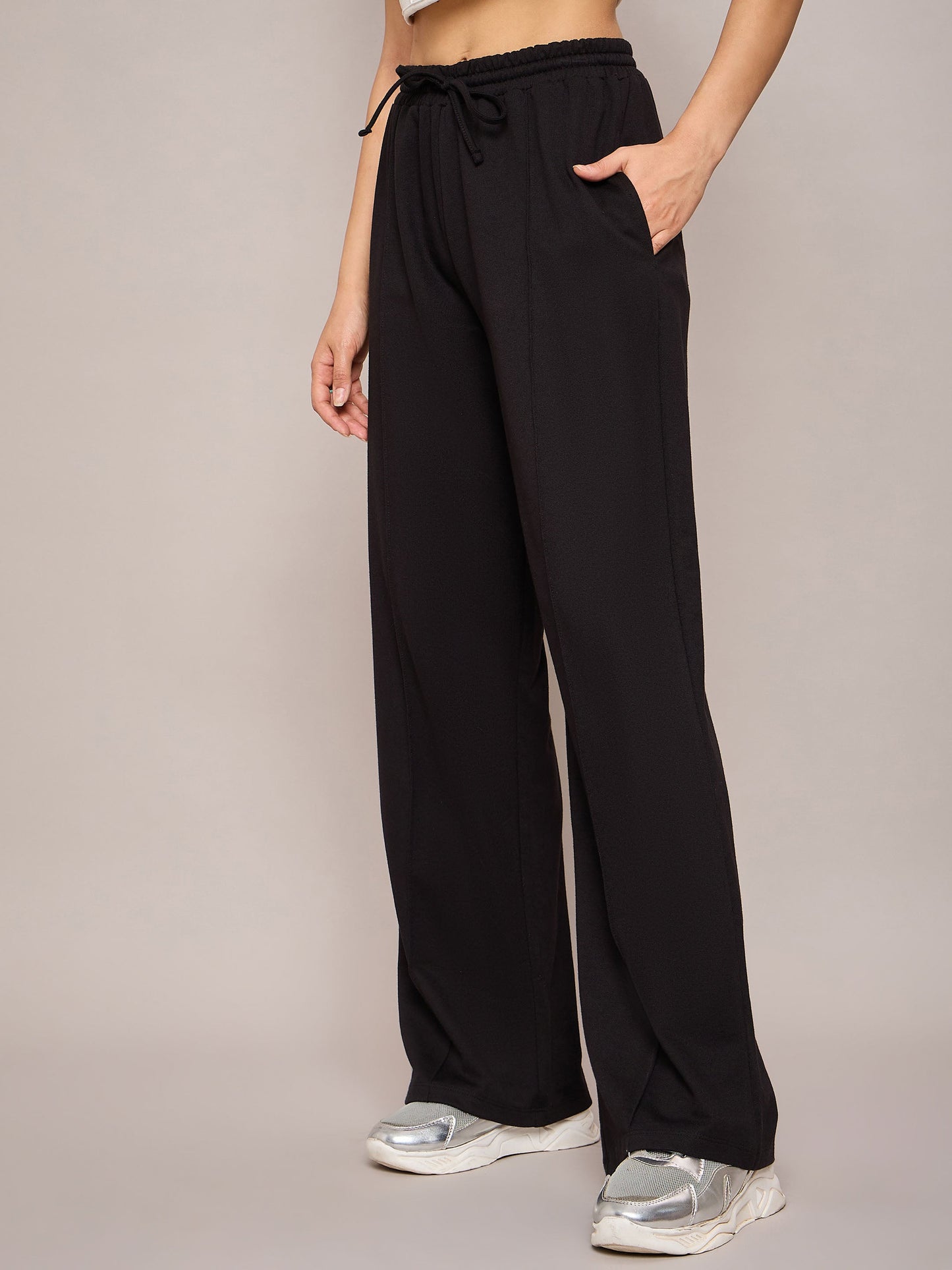 Women Black Terry Side Pockets Track Pants