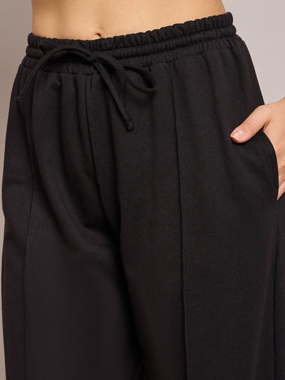 Women Black Terry Side Pockets Track Pants