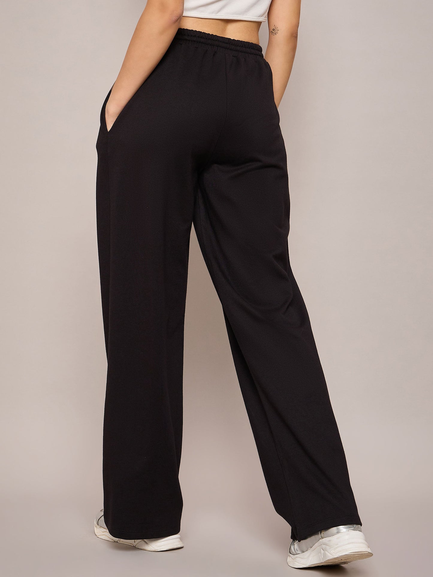 Women Black Terry Side Pockets Track Pants