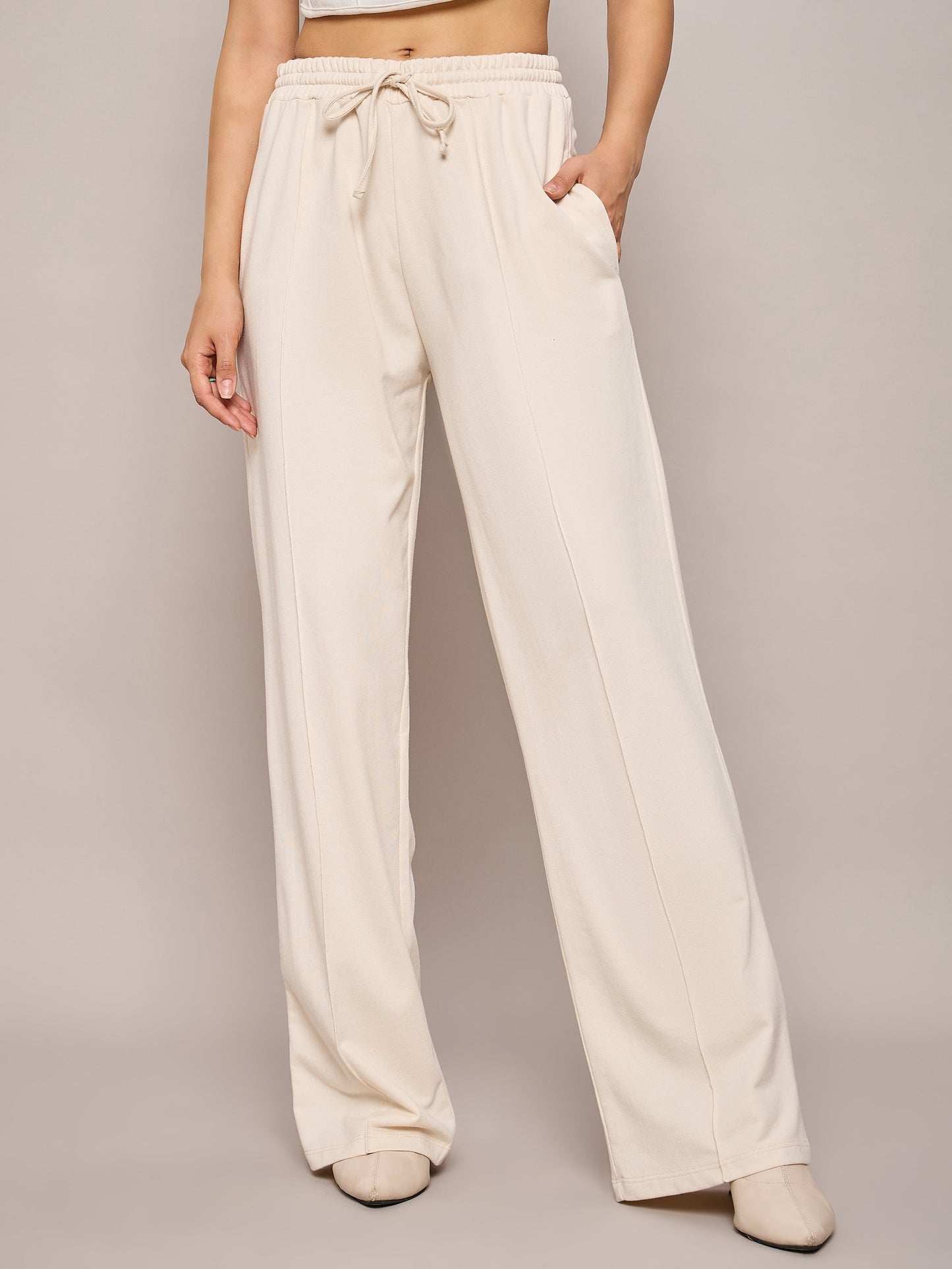 Women Off White Terry Side Pockets Track Pants