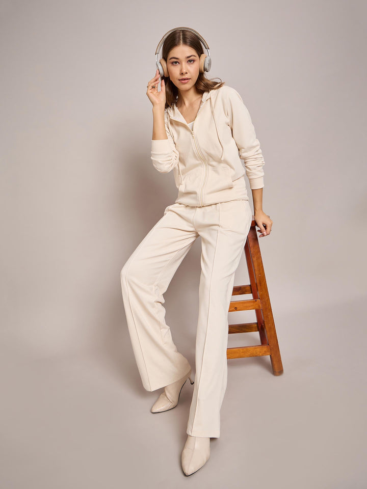 Women Off White Terry Side Pockets Track Pants