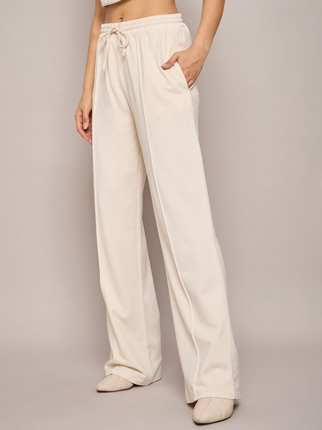 Women Off White Terry Side Pockets Track Pants