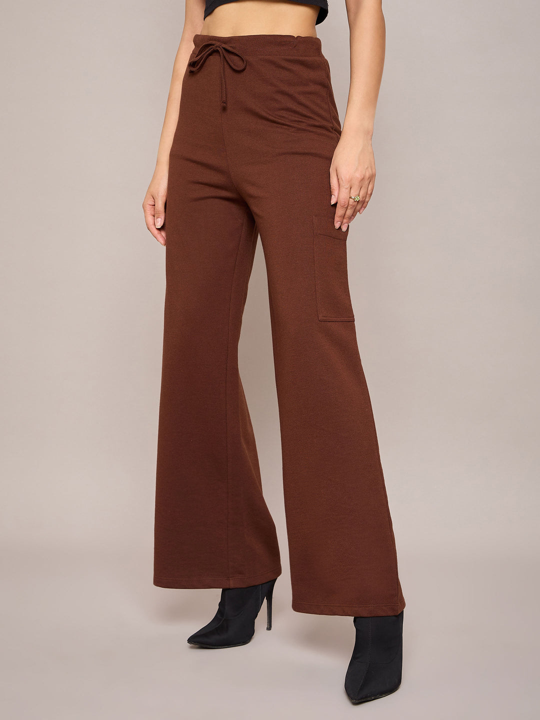 Women Brown Terry Wide Leg Track Pants
