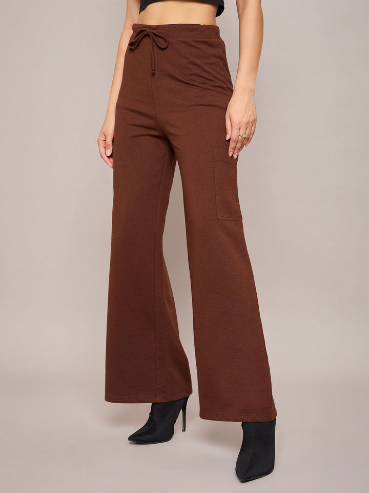 Women Brown Terry Wide Leg Track Pants