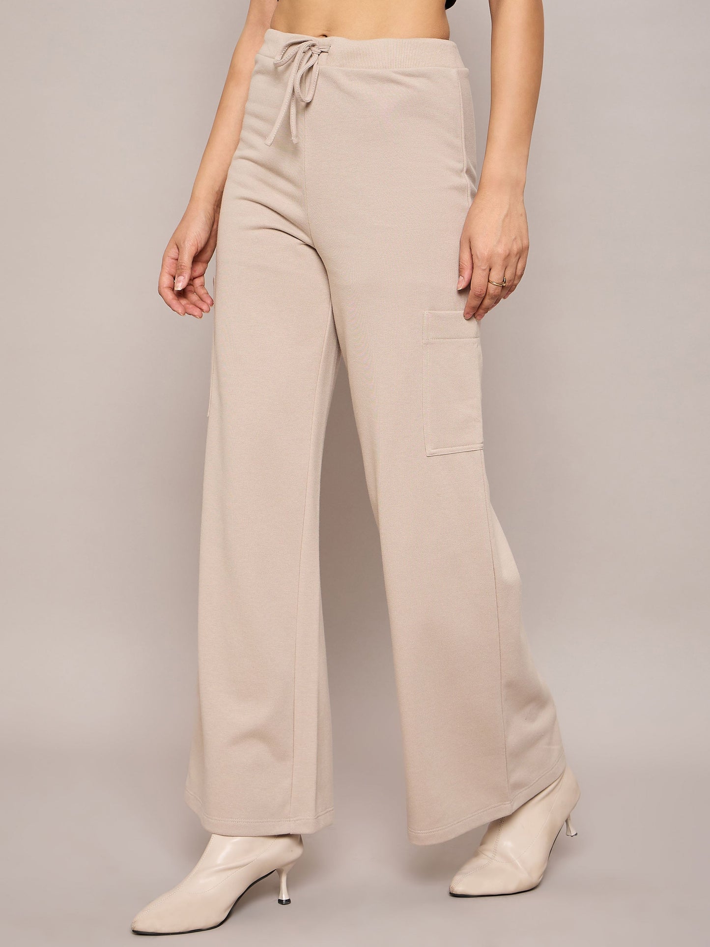 Women Taupe Terry Wide Leg Track Pants