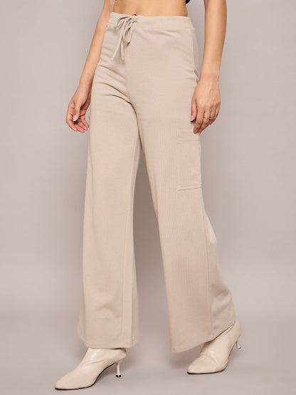 Women Taupe Terry Wide Leg Track Pants