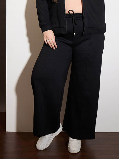 Plus size women's Black Polycotton Black Fleece Drawstring Sweatpants by Sassafras Curve for wholesale buyers, boutiques, resellers and bulk orders