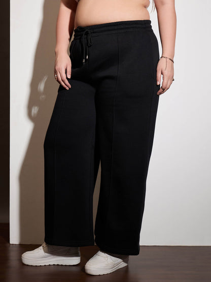 Black Fleece Drawstring Sweatpants-SASSAFRAS Curve