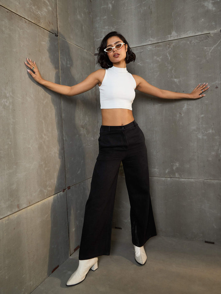 Women Black Denim Flared Pants
