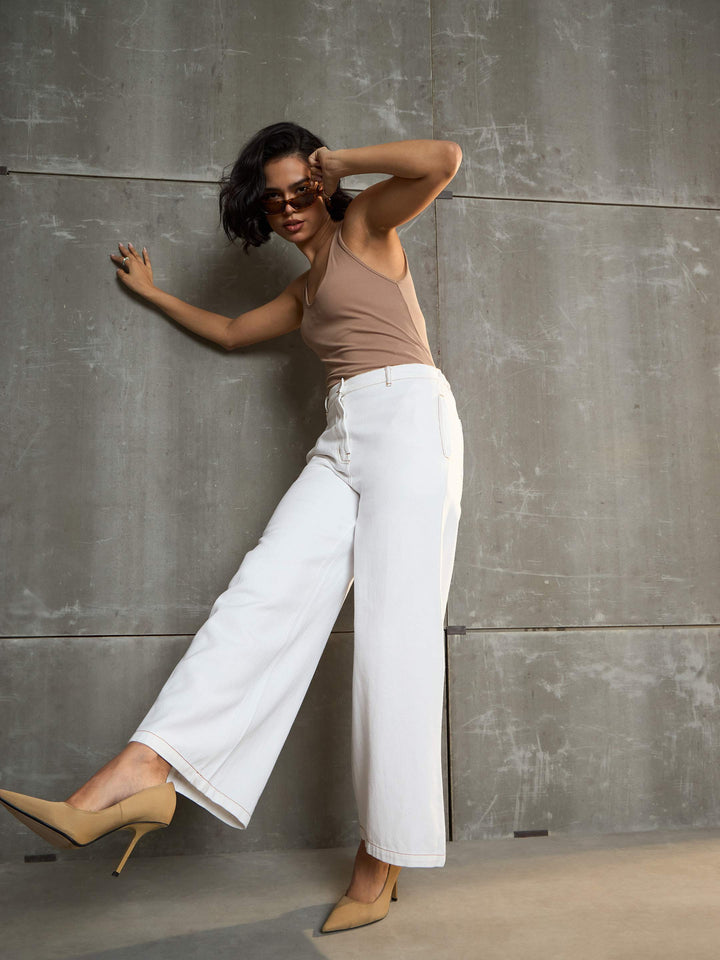 Women White Denim Flared Pants