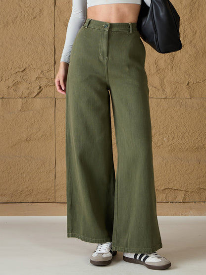 Olive Denim Flared Pants