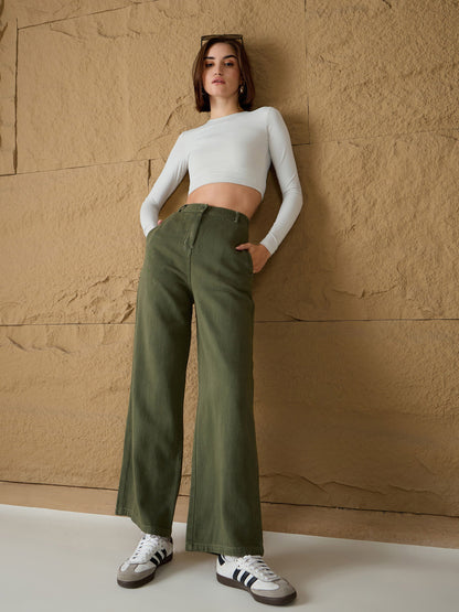 Olive Denim Flared Pants