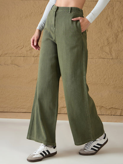Olive Denim Flared Pants