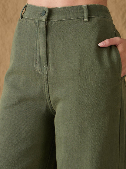 Olive Denim Flared Pants