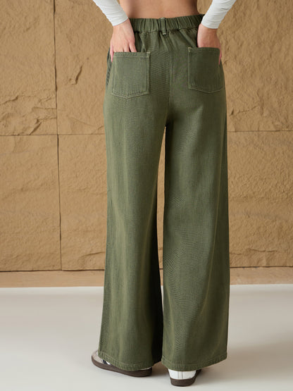 Olive Denim Flared Pants