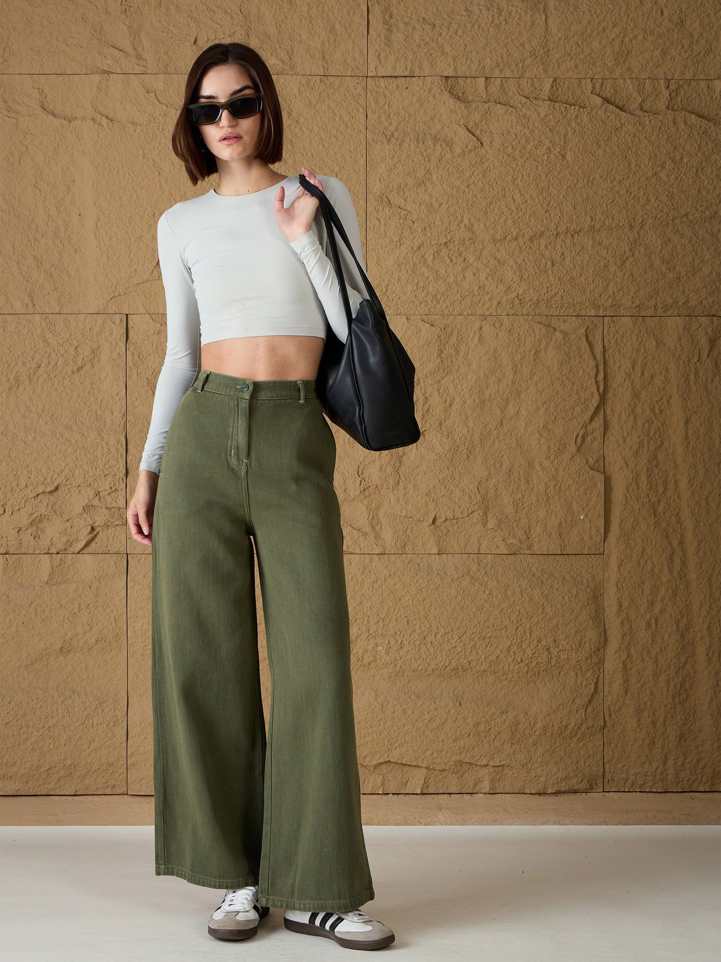 Olive Denim Flared Pants