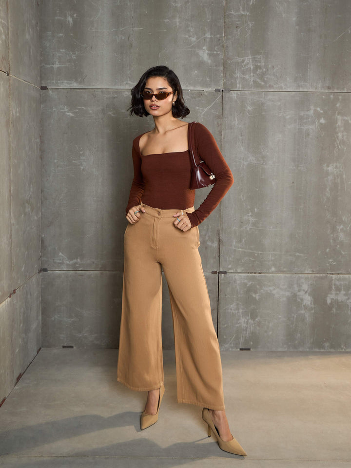 Women Brown Denim Flared Pants