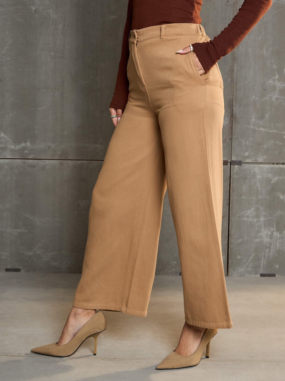 Women Brown Denim Flared Pants