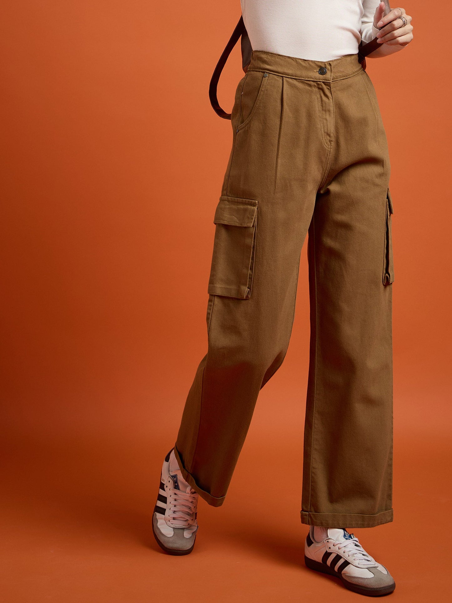 Tan Box Pockets Straight Cargo Pants