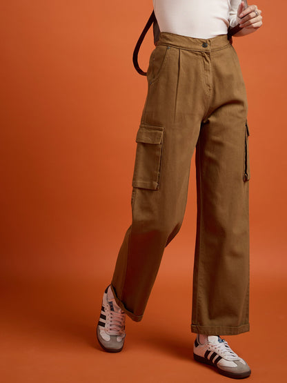 Tan Box Pockets Straight Cargo Pants