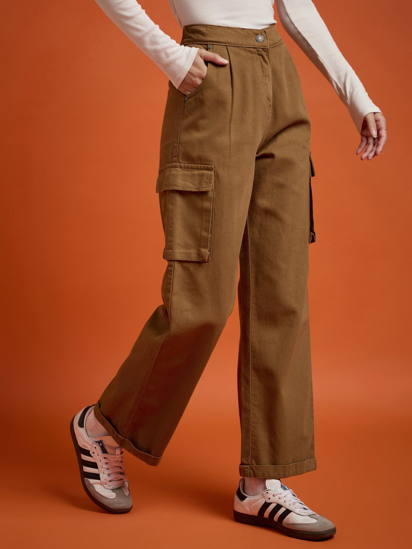 Tan Box Pockets Straight Cargo Pants