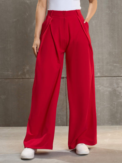 Red Front Wrap Pleated Wide Leg Pants