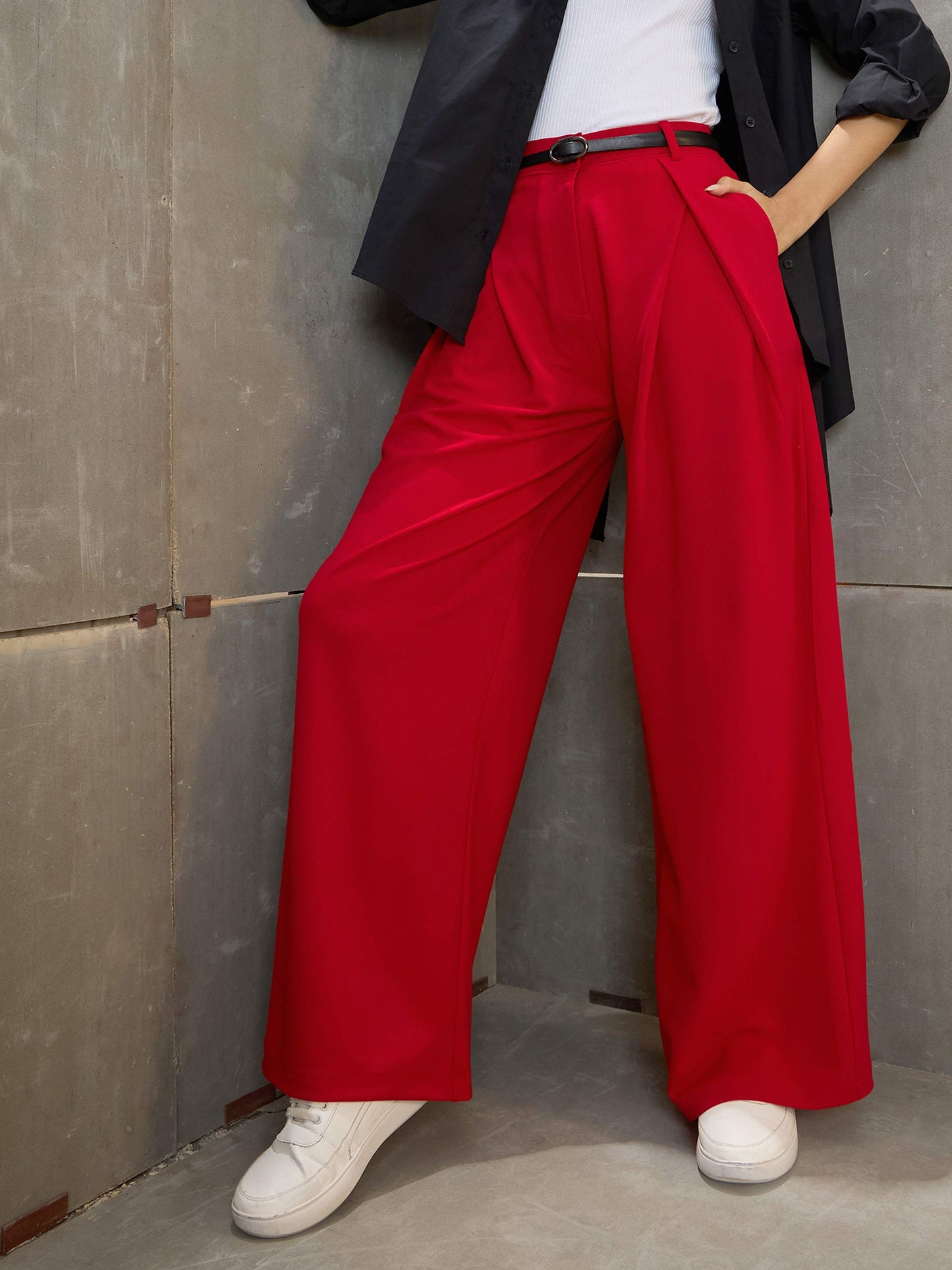 Red Front Wrap Pleated Wide Leg Pants