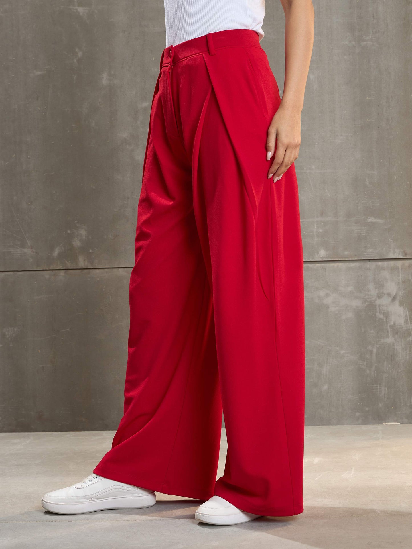 Red Front Wrap Pleated Wide Leg Pants