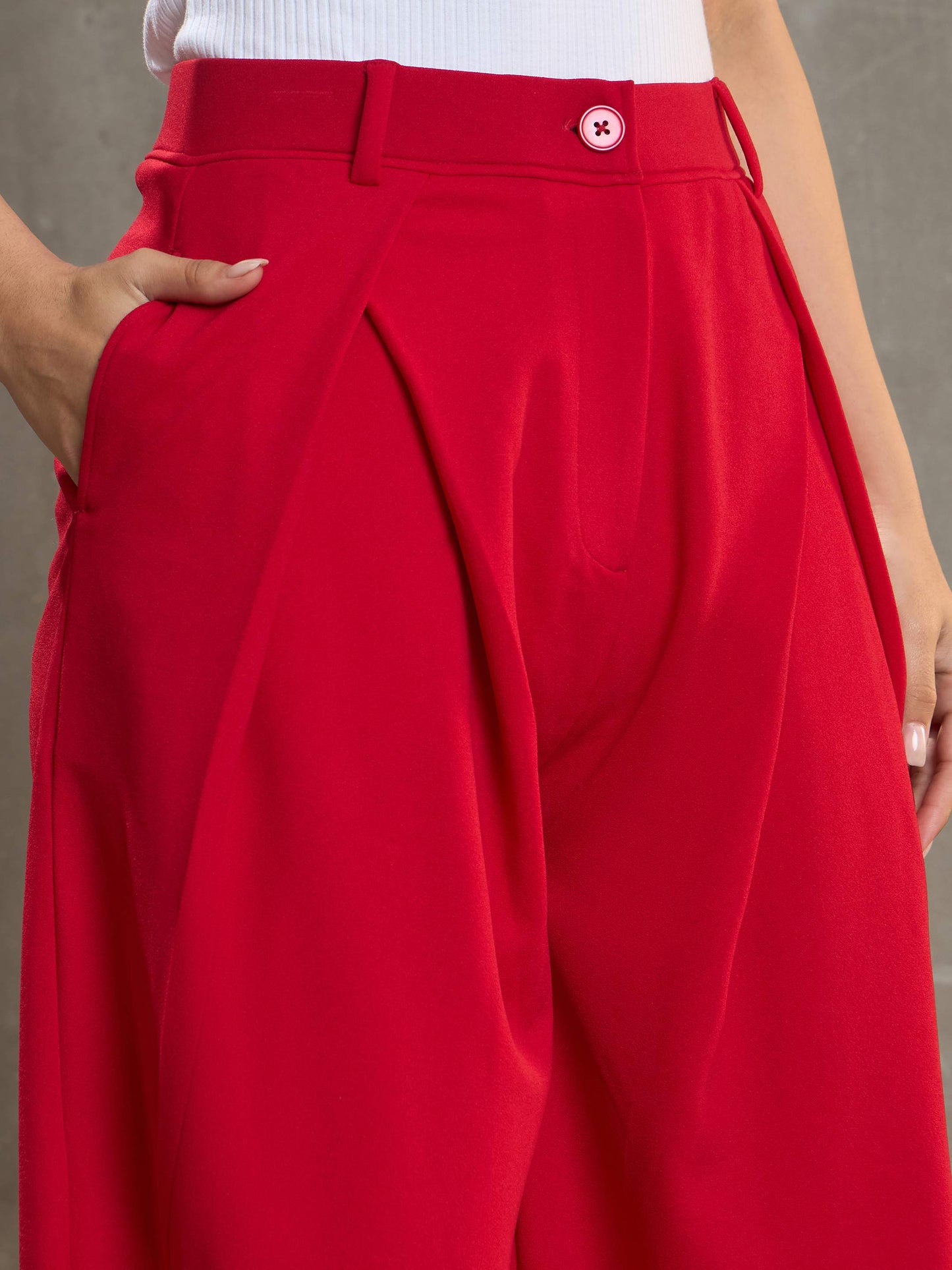 Red Front Wrap Pleated Wide Leg Pants