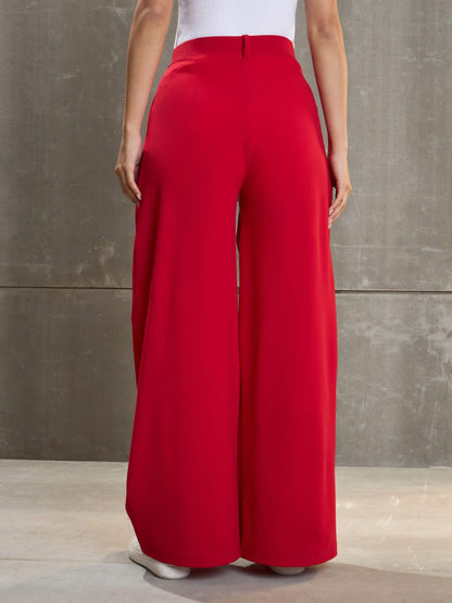Red Front Wrap Pleated Wide Leg Pants