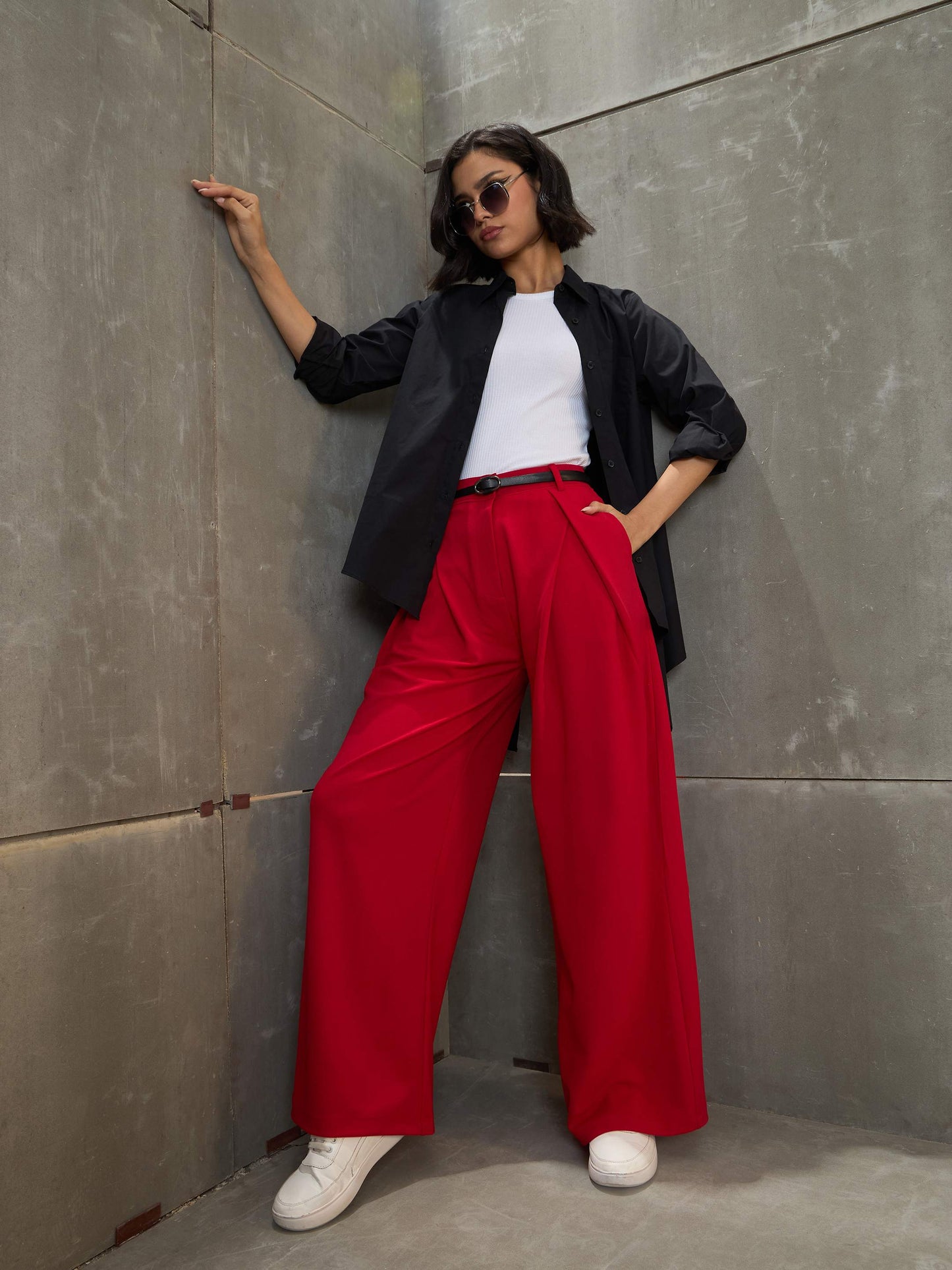 Red Front Wrap Pleated Wide Leg Pants