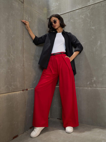Red Front Wrap Pleated Wide Leg Pants