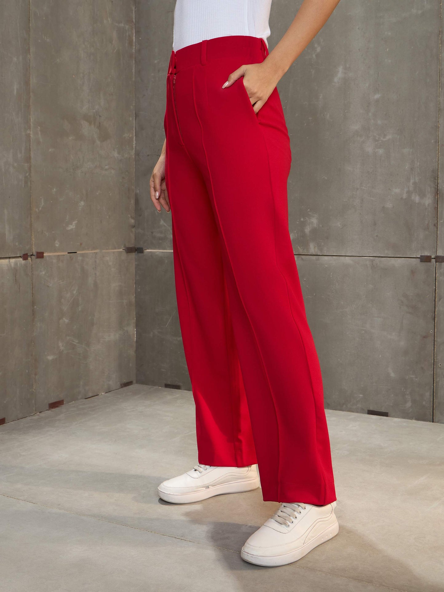 Red Front Darted Straight Pants