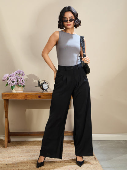 Black Double Loop Flared Pleated Pants