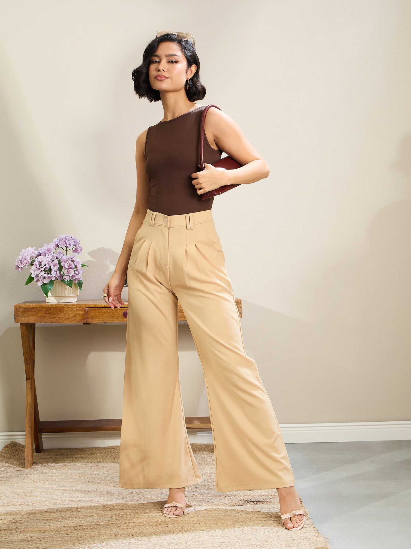 Beige Double Loop Flared Pleated Pants
