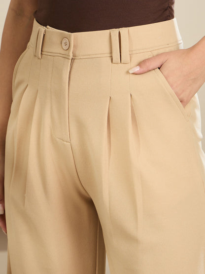 Beige Double Loop Flared Pleated Pants