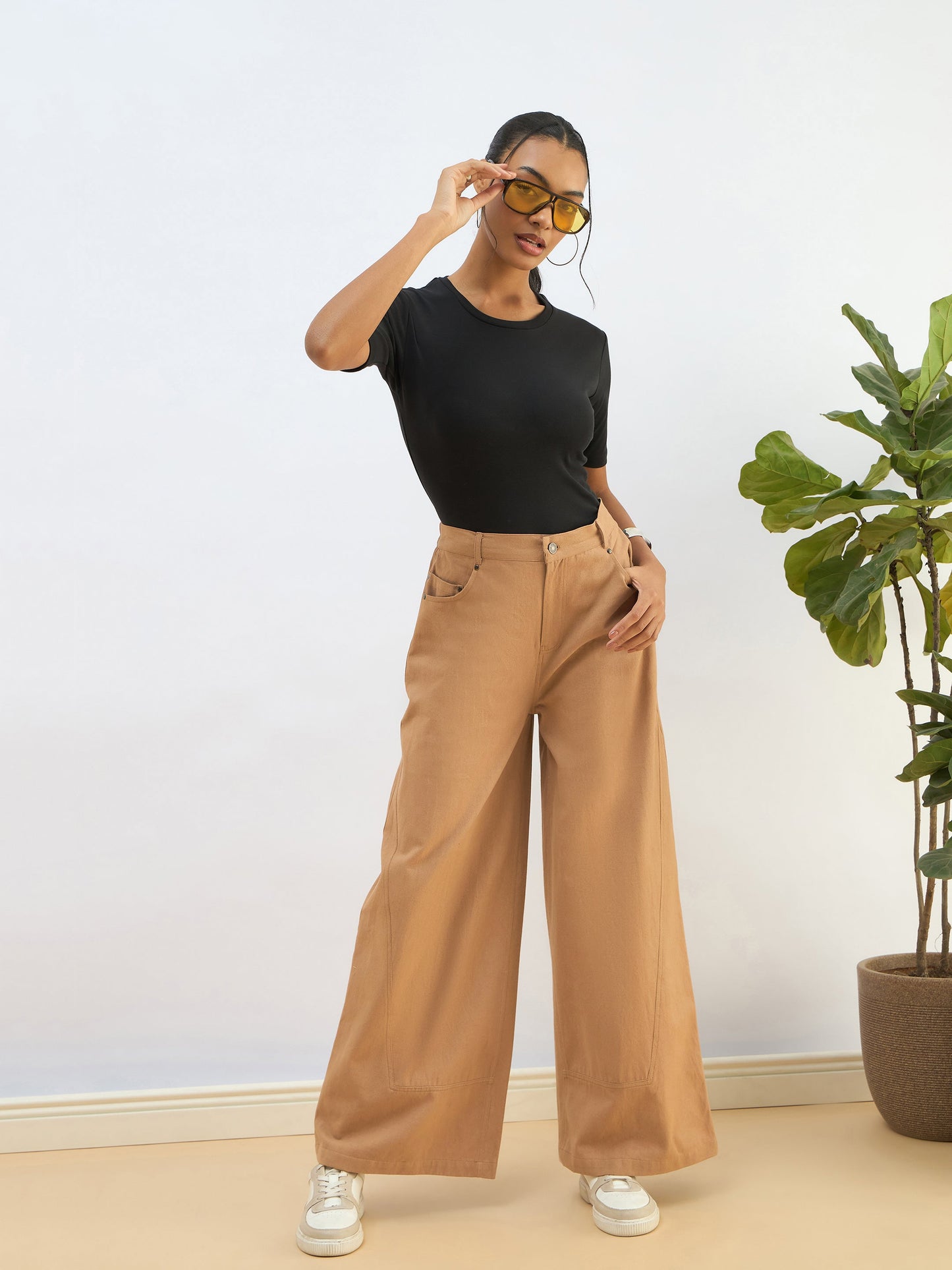 Beige Twill Mid Rise Flared Pants