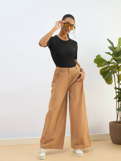 Beige Twill Mid Rise Flared Pants