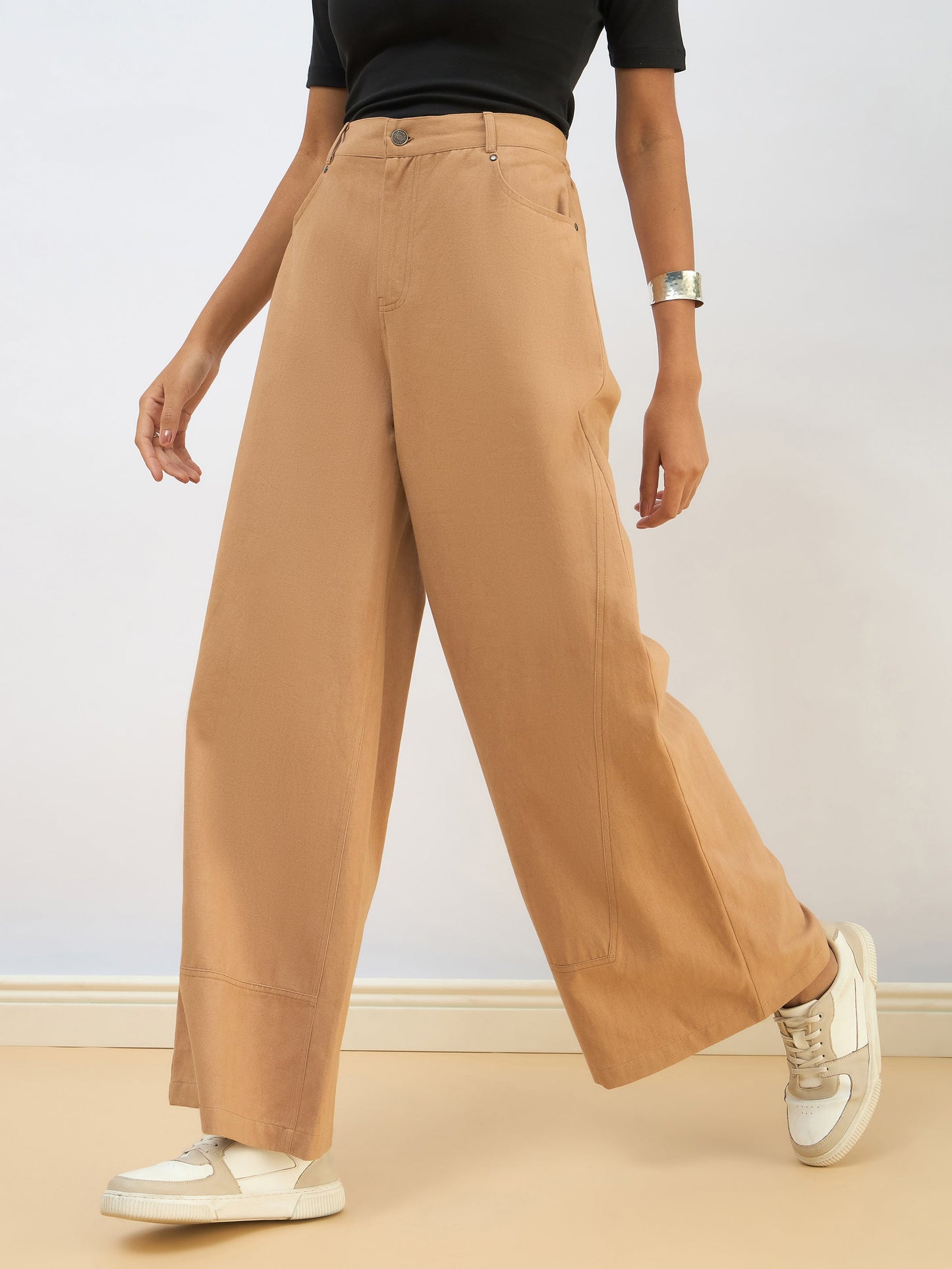 Beige Twill Mid Rise Flared Pants