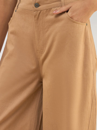 Beige Twill Mid Rise Flared Pants
