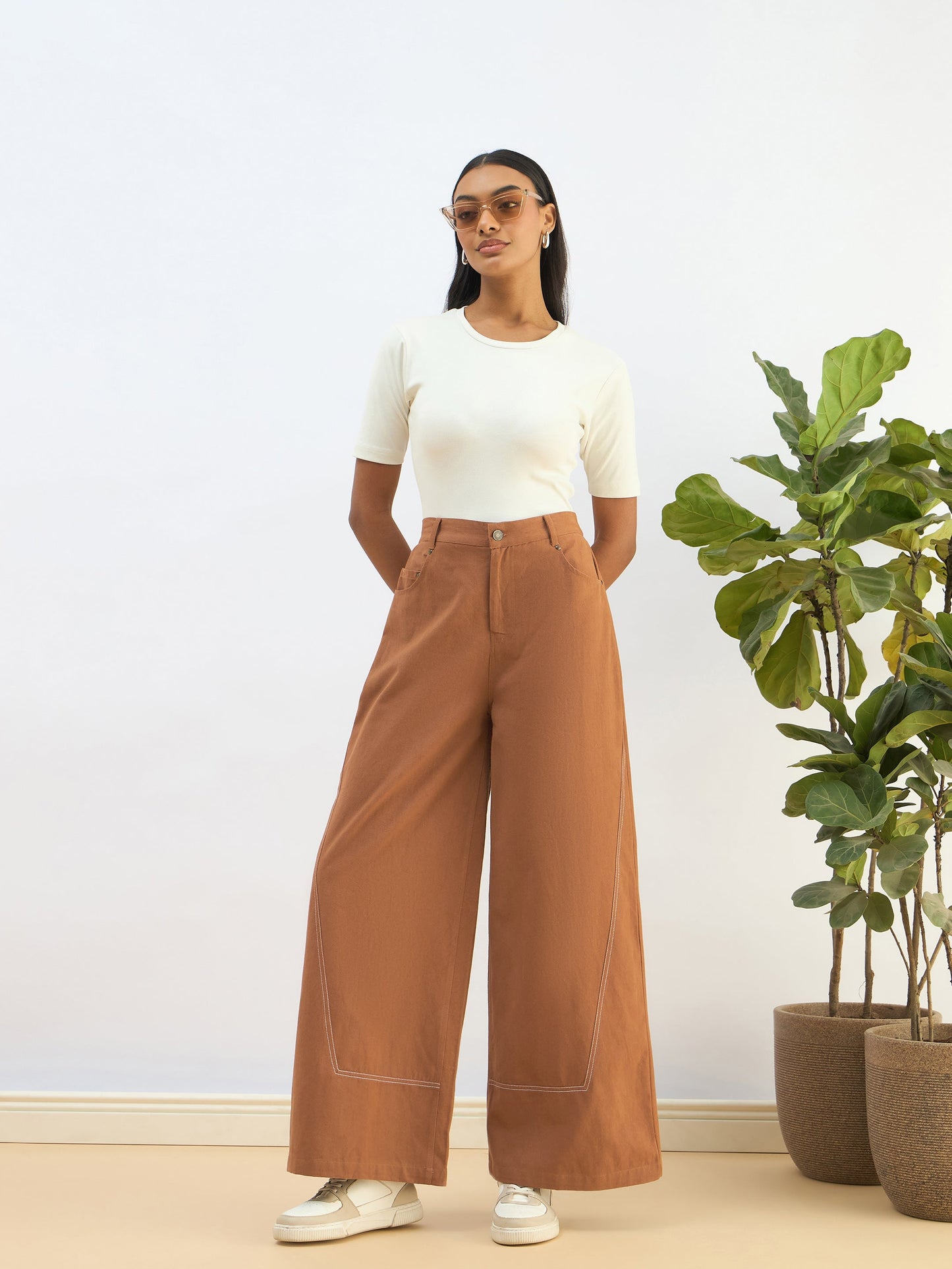 Brown Twill Mid Rise Flared Pants