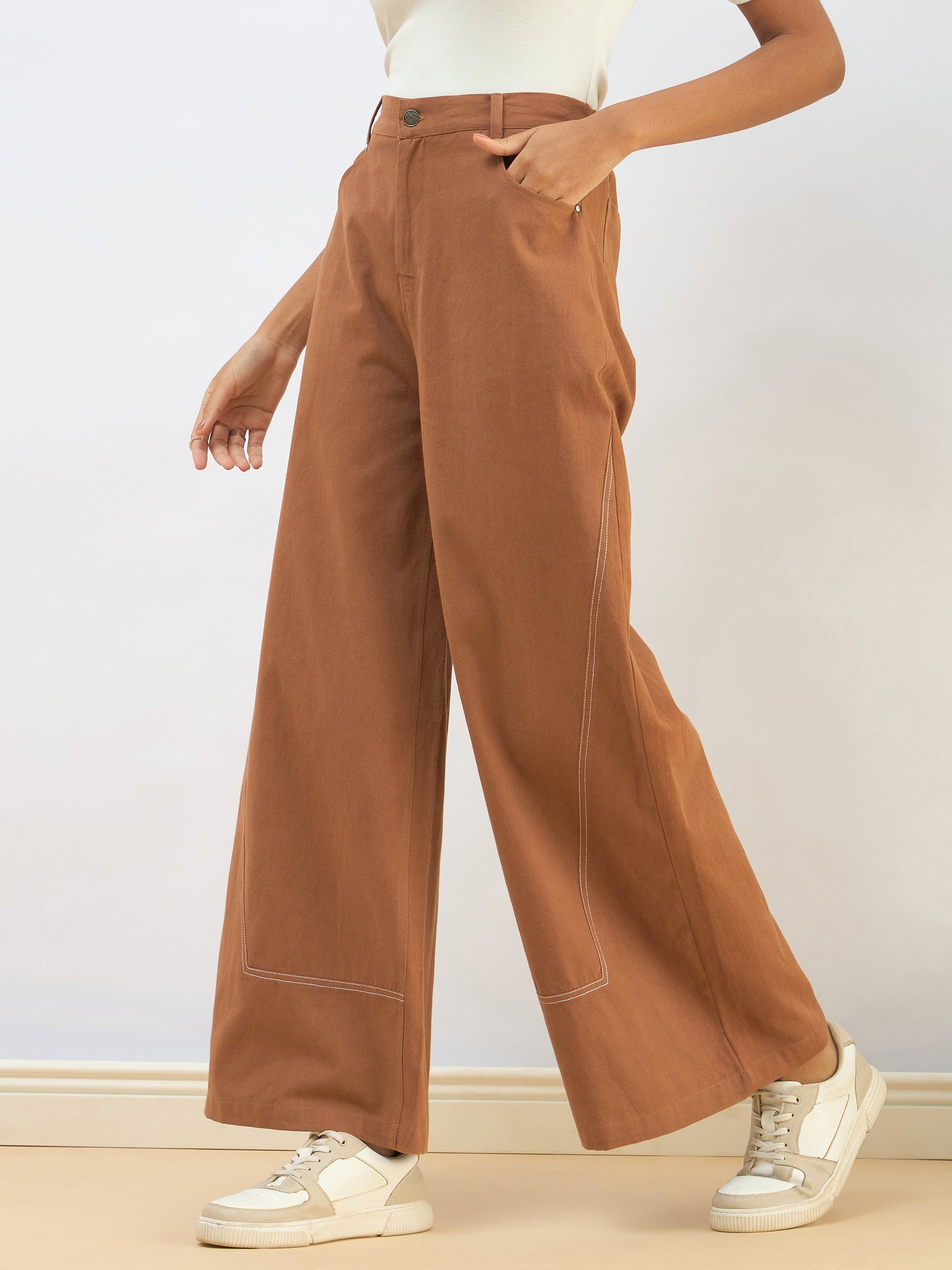 Brown Twill Mid Rise Flared Pants