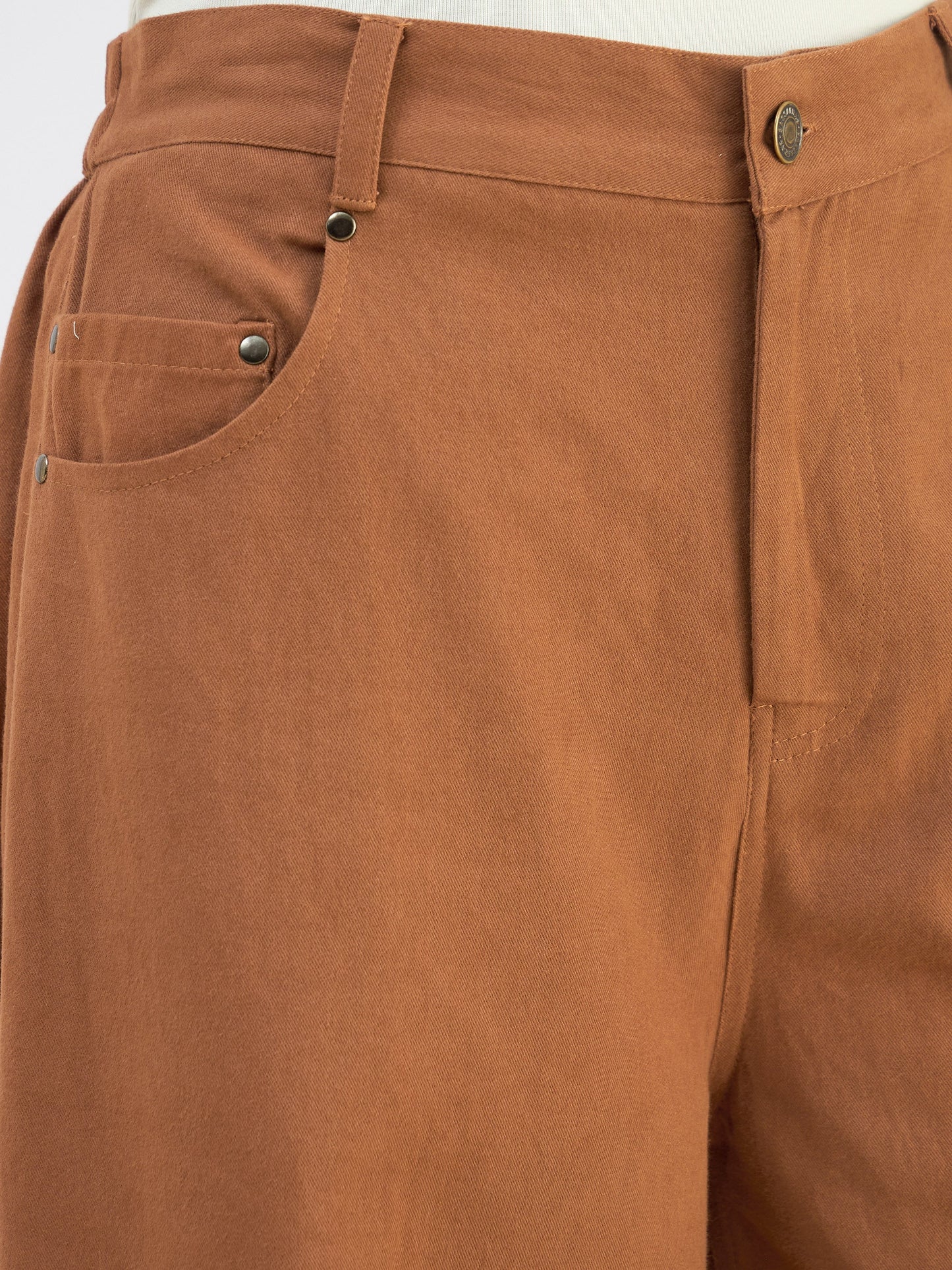 Brown Twill Mid Rise Flared Pants
