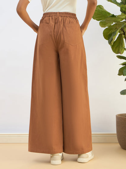 Brown Twill Mid Rise Flared Pants