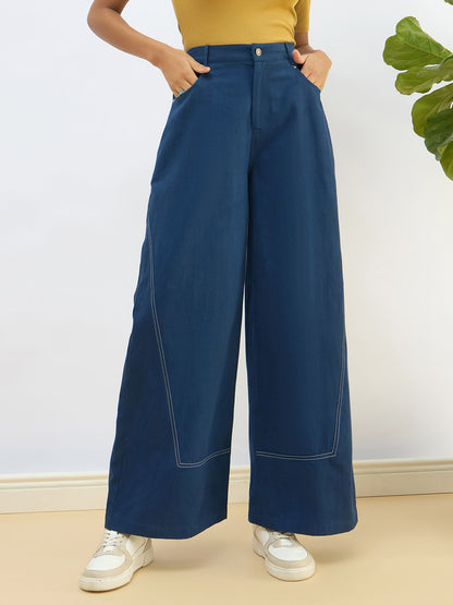 Blue Twill Mid Rise Flared Pants