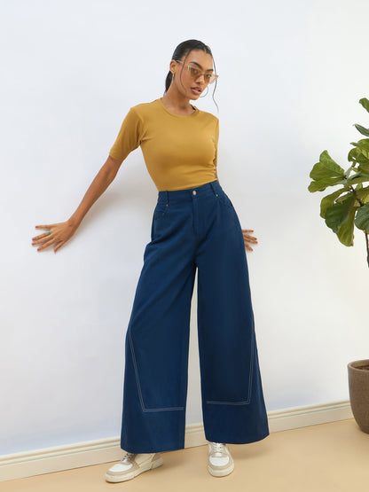 Blue Twill Mid Rise Flared Pants