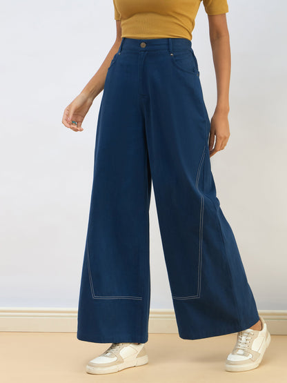 Blue Twill Mid Rise Flared Pants