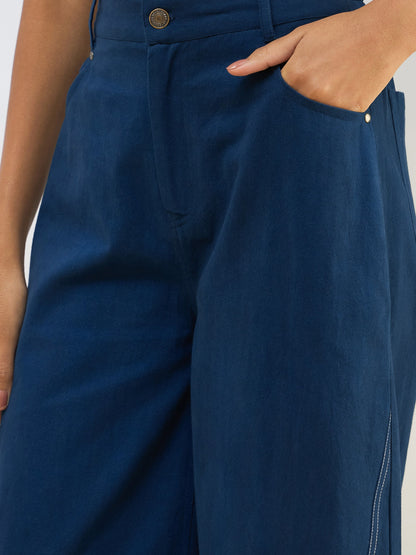 Blue Twill Mid Rise Flared Pants