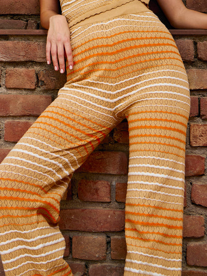 Dark Beige & Orange Crochet Stripes Scalloped Pants